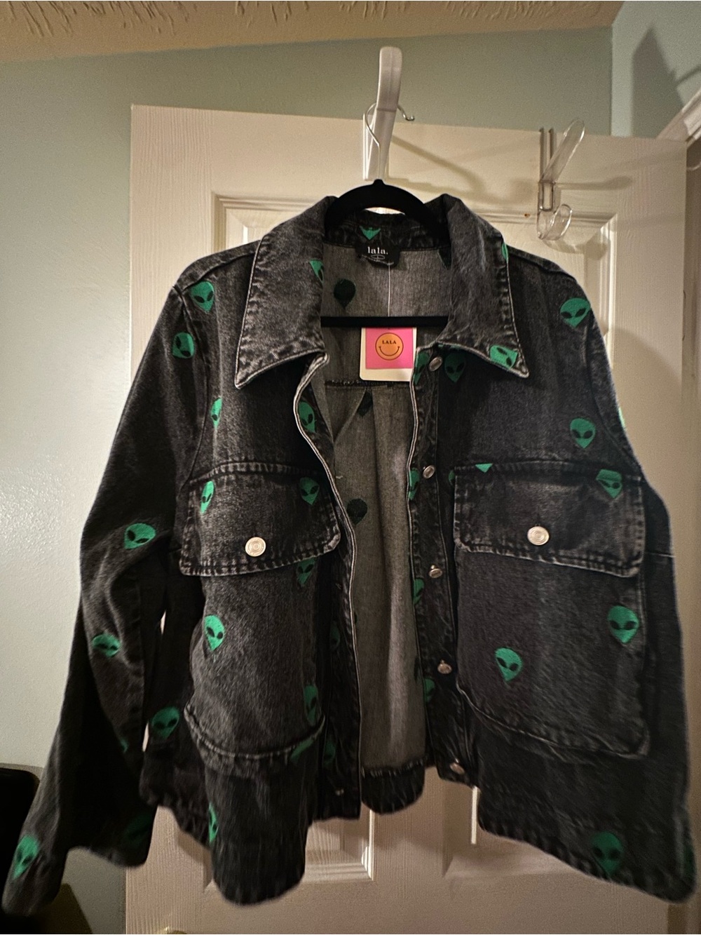 Dressed in LALA Black Acid-Wash Jean Jacket with Green Alien Print